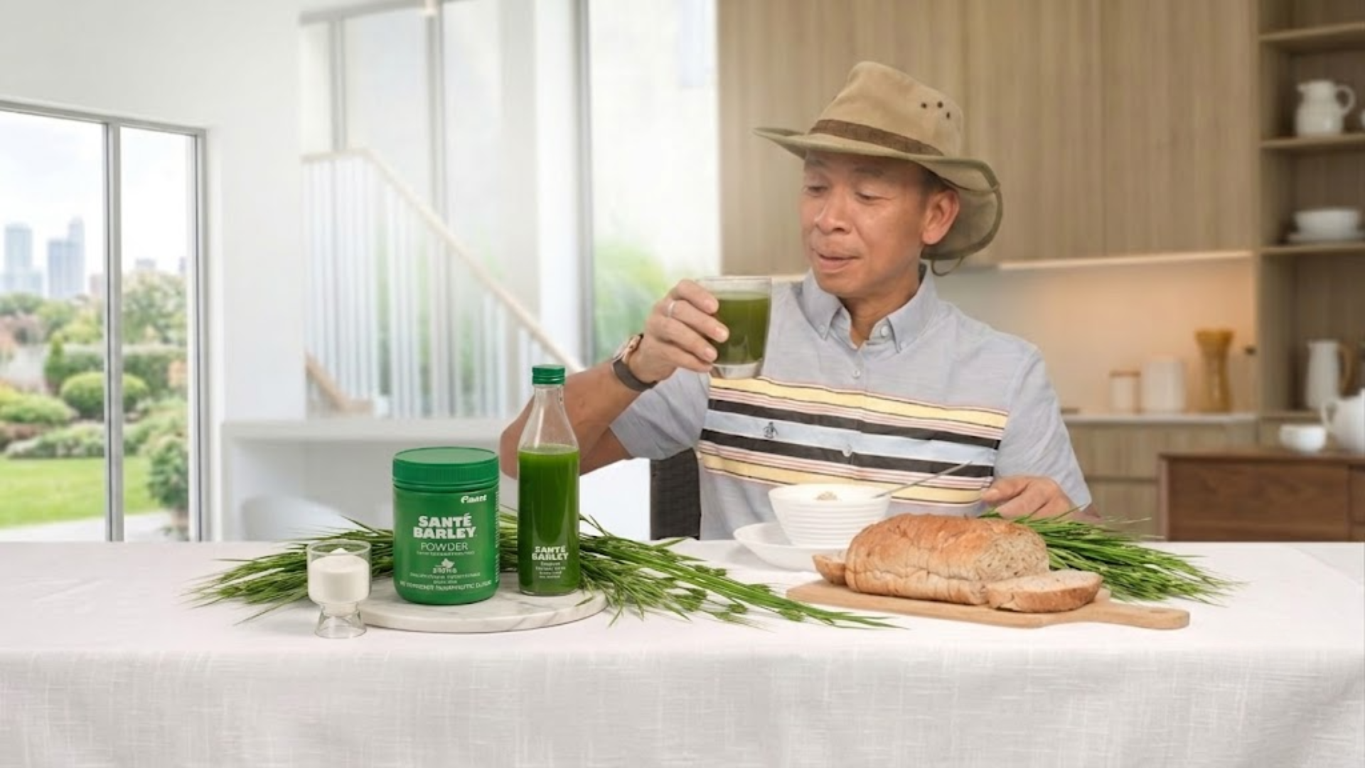 Man enjoying Santé Barley juice with the Santé Barley powder canister